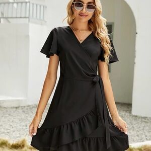 Chic Black Ruffle Wrap Dress